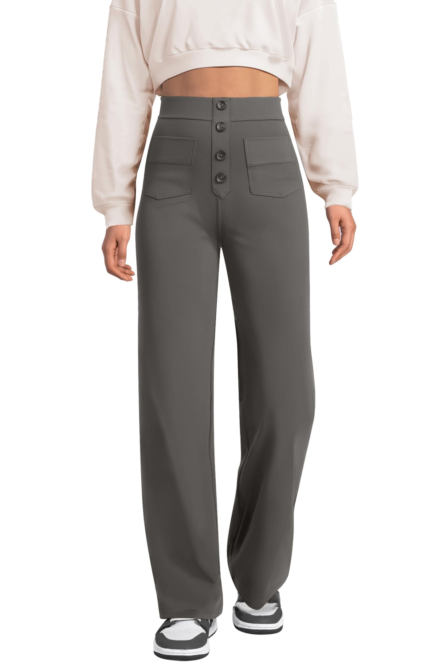 SWQZVT Womens Straight Leg Pants High Waisted Button Stretchy Business Work Casual Trousers Multiple Pockets Pants for Womens Clothes Elastic Waisted Slacks Casual