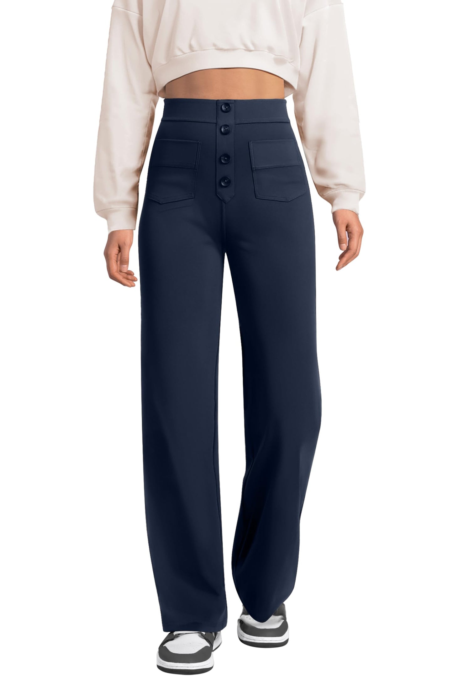 SWQZVT Womens Straight Leg Pants High Waisted Button Stretchy Business Work Casual Trousers Multiple Pockets Pants for Womens Clothes Elastic Waisted Slacks Casual