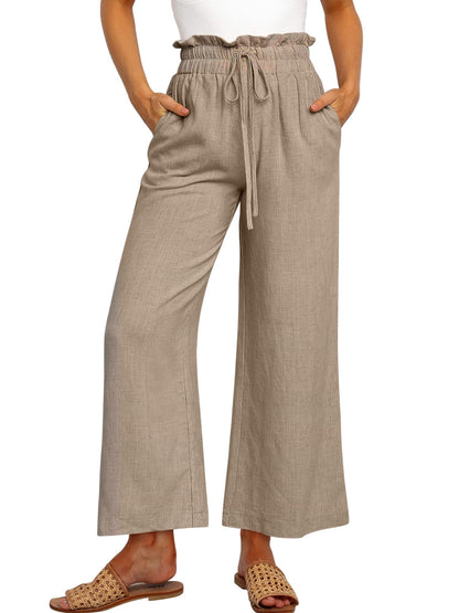 SWQZVT Womens Linen Pants Casual Loose High Waist Wide Leg Cropped Palazzo Beach Pants for Womens Clothes Summer Trendy Pants with Pocket Drawstring Trousers Adjustable Waisted Slacks