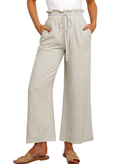 SWQZVT Womens Linen Pants Casual Loose High Waist Wide Leg Cropped Palazzo Beach Pants for Womens Clothes Summer Trendy Pants with Pocket Drawstring Trousers Adjustable Waisted Slacks