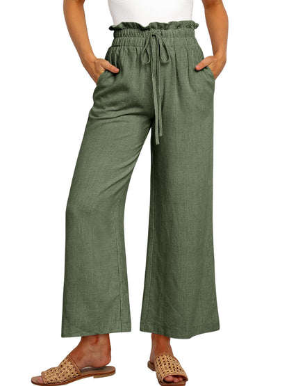 SWQZVT Womens Linen Pants Casual Loose High Waist Wide Leg Cropped Palazzo Beach Pants for Womens Clothes Summer Trendy Pants with Pocket Drawstring Trousers Adjustable Waisted Slacks