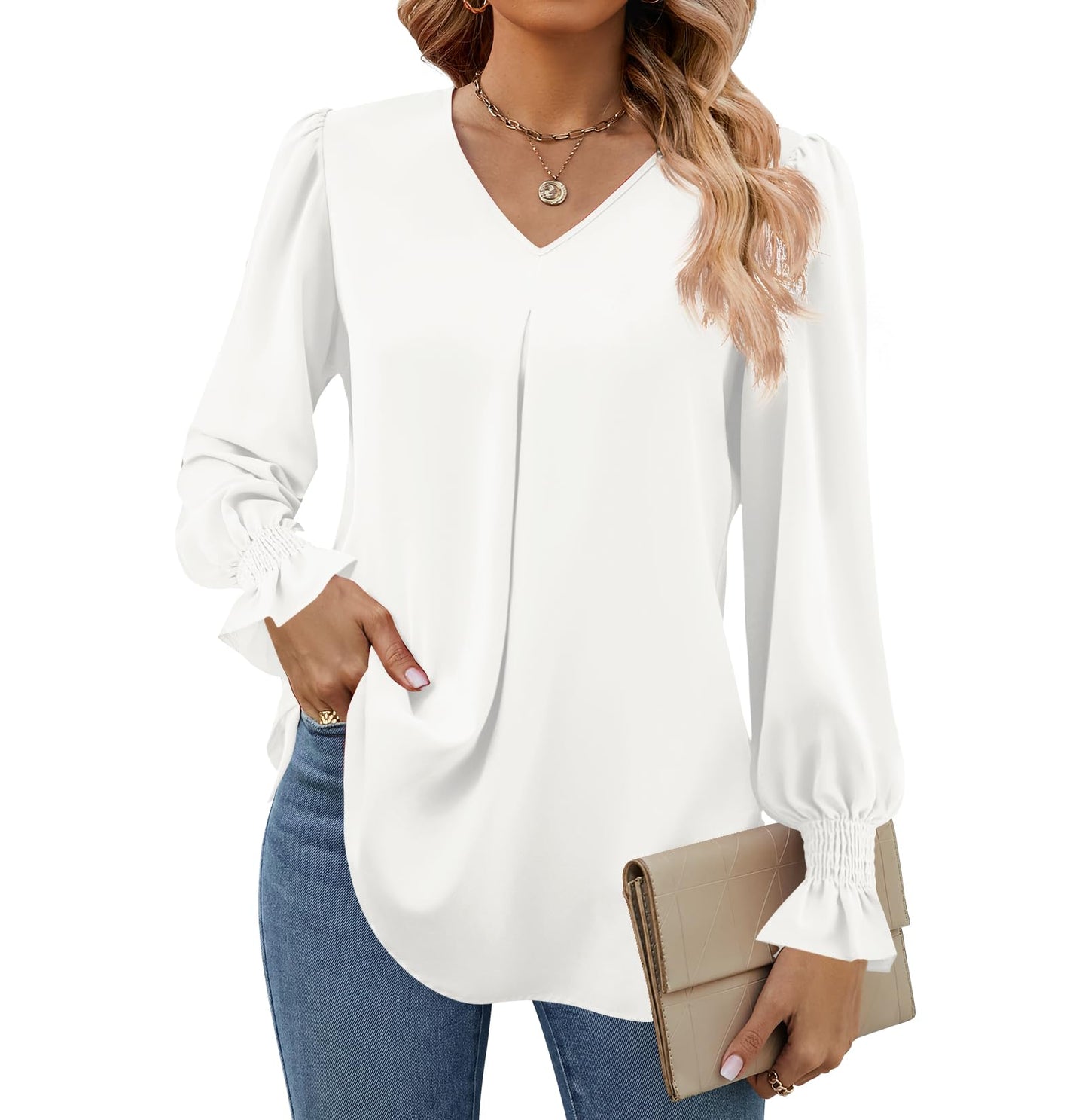 SWQZVT Womens Long Sleeve Tops Dressy Casual V Neck Tunic Shirts Loose Chiffon Work Blouses for Womens Clothes Casual Lightweight Pleated Business Blouses Fall Outfits