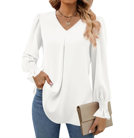 SWQZVT Womens Long Sleeve Tops Dressy Casual V Neck Tunic Shirts Loose Chiffon Work Blouses for Womens Clothes Casual Lightweight Pleated Business Blouses Fall Outfits