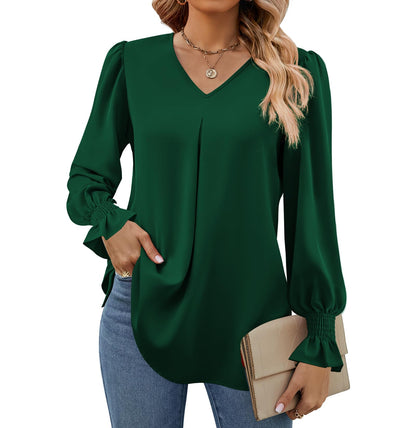 SWQZVT Womens Long Sleeve Tops Dressy Casual V Neck Tunic Shirts Loose Chiffon Work Blouses for Womens Clothes Casual Lightweight Pleated Business Blouses Fall Outfits