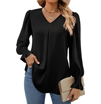 SWQZVT Womens Long Sleeve Tops Dressy Casual V Neck Tunic Shirts Loose Chiffon Work Blouses for Womens Clothes Casual Lightweight Pleated Business Blouses Fall Outfits