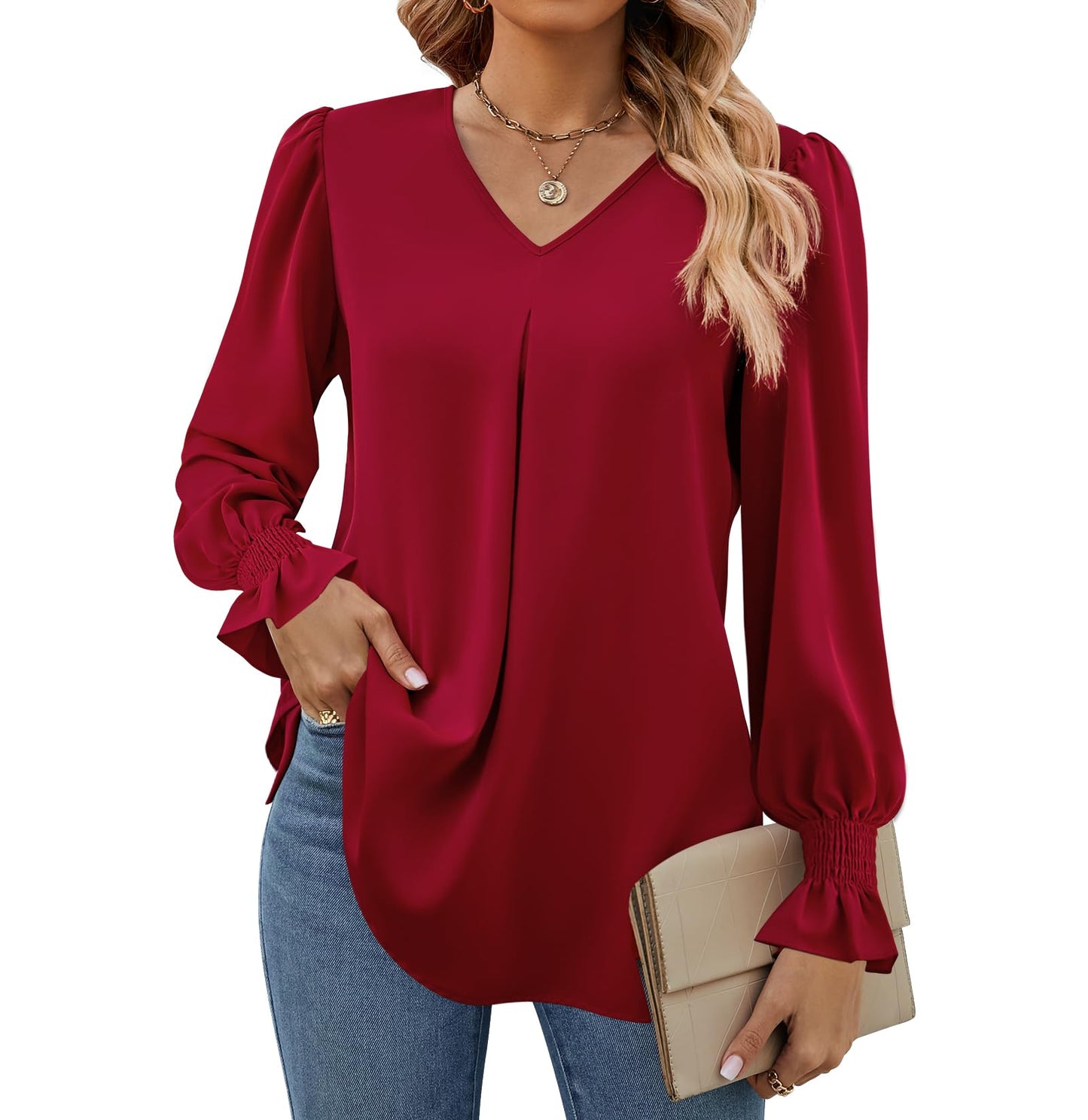 SWQZVT Womens Long Sleeve Tops Dressy Casual V Neck Tunic Shirts Loose Chiffon Work Blouses for Womens Clothes Casual Lightweight Pleated Business Blouses Fall Outfits