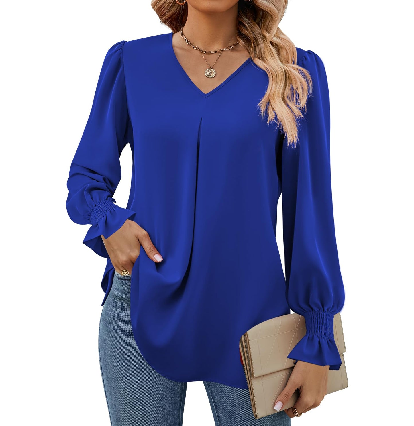 SWQZVT Womens Long Sleeve Tops Dressy Casual V Neck Tunic Shirts Loose Chiffon Work Blouses for Womens Clothes Casual Lightweight Pleated Business Blouses Fall Outfits
