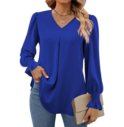 SWQZVT Womens Long Sleeve Tops Dressy Casual V Neck Tunic Shirts Loose Chiffon Work Blouses for Womens Clothes Casual Lightweight Pleated Business Blouses Fall Outfits
