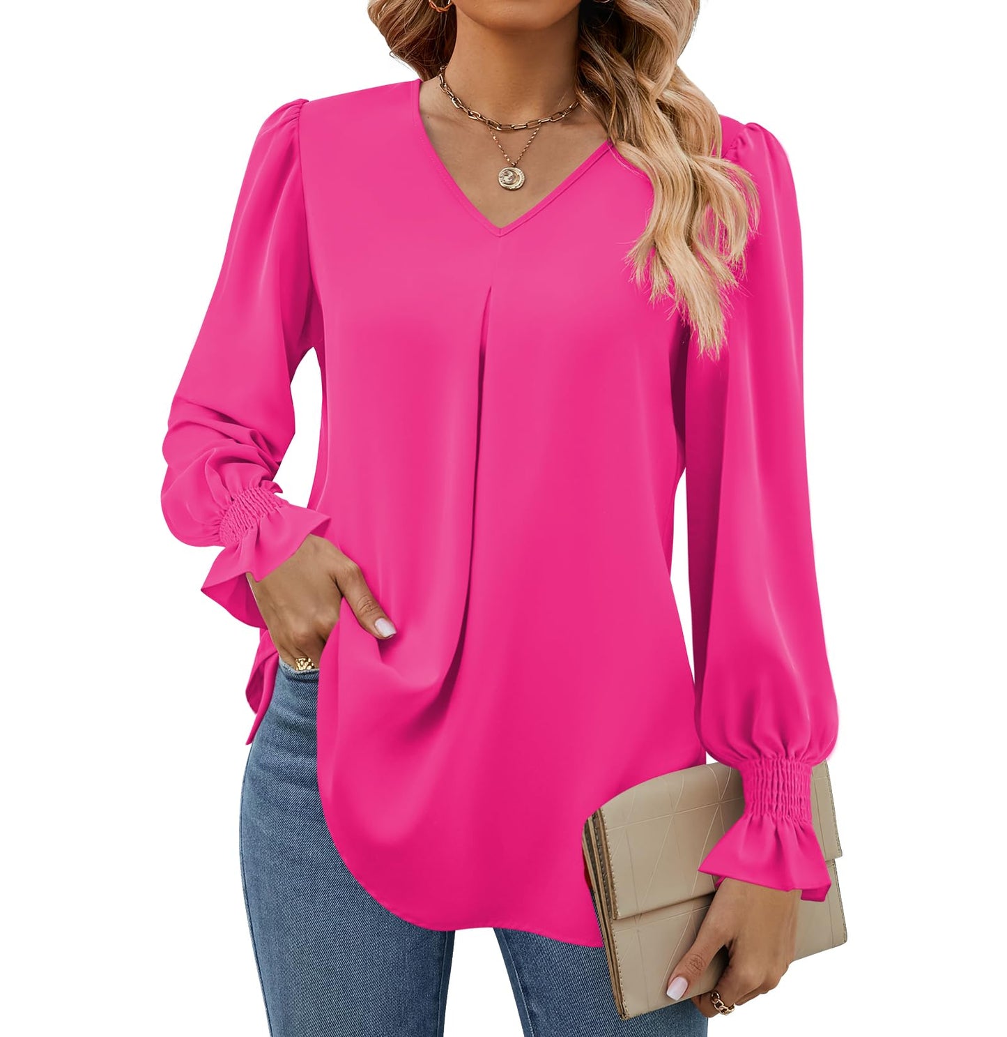 SWQZVT Womens Long Sleeve Tops Dressy Casual V Neck Tunic Shirts Loose Chiffon Work Blouses for Womens Clothes Casual Lightweight Pleated Business Blouses Fall Outfits