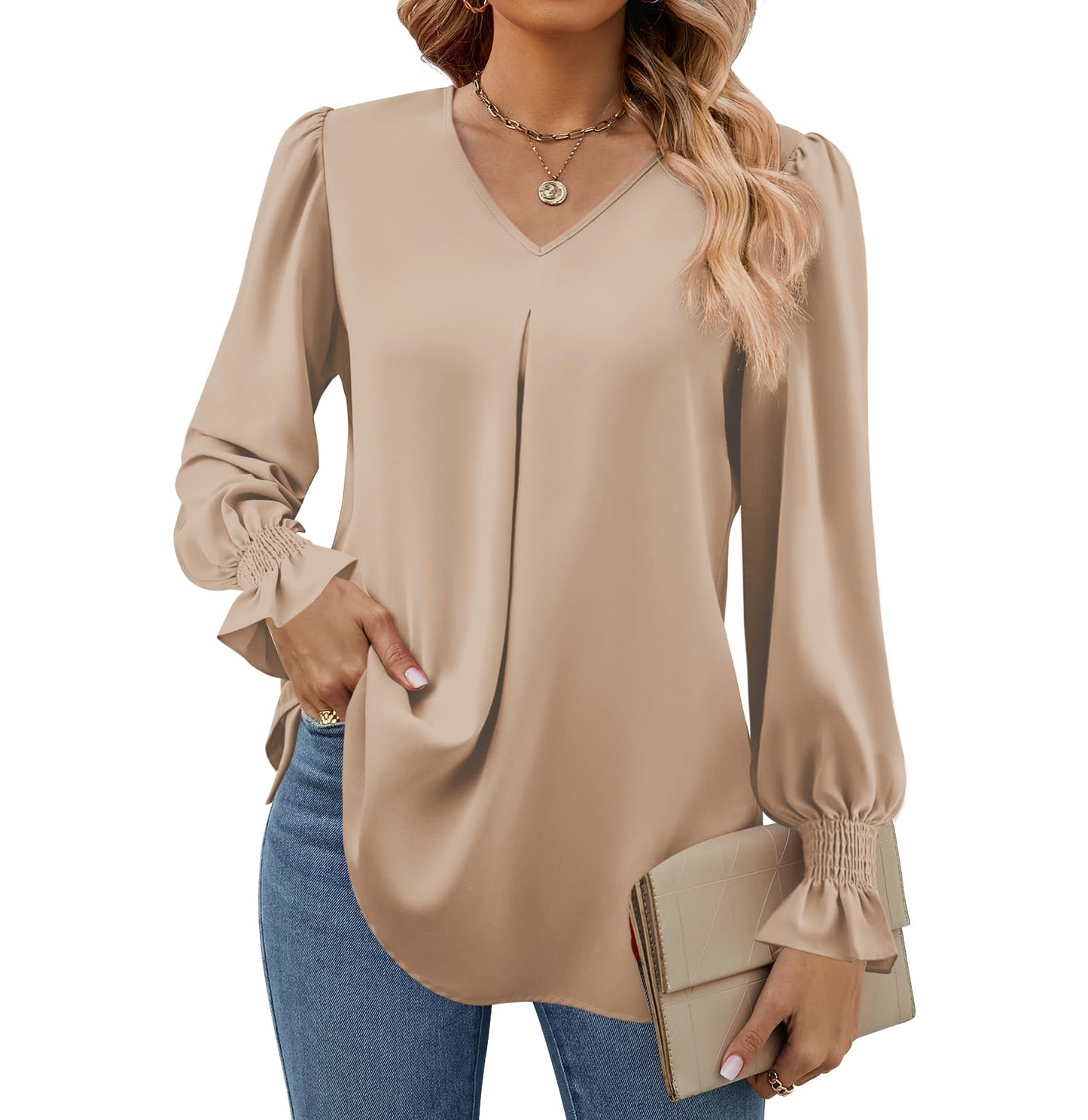 SWQZVT Womens Long Sleeve Tops Dressy Casual V Neck Tunic Shirts Loose Chiffon Work Blouses for Womens Clothes Casual Lightweight Pleated Business Blouses Fall Outfits