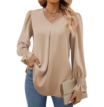 SWQZVT Womens Long Sleeve Tops Dressy Casual V Neck Tunic Shirts Loose Chiffon Work Blouses for Womens Clothes Casual Lightweight Pleated Business Blouses Fall Outfits