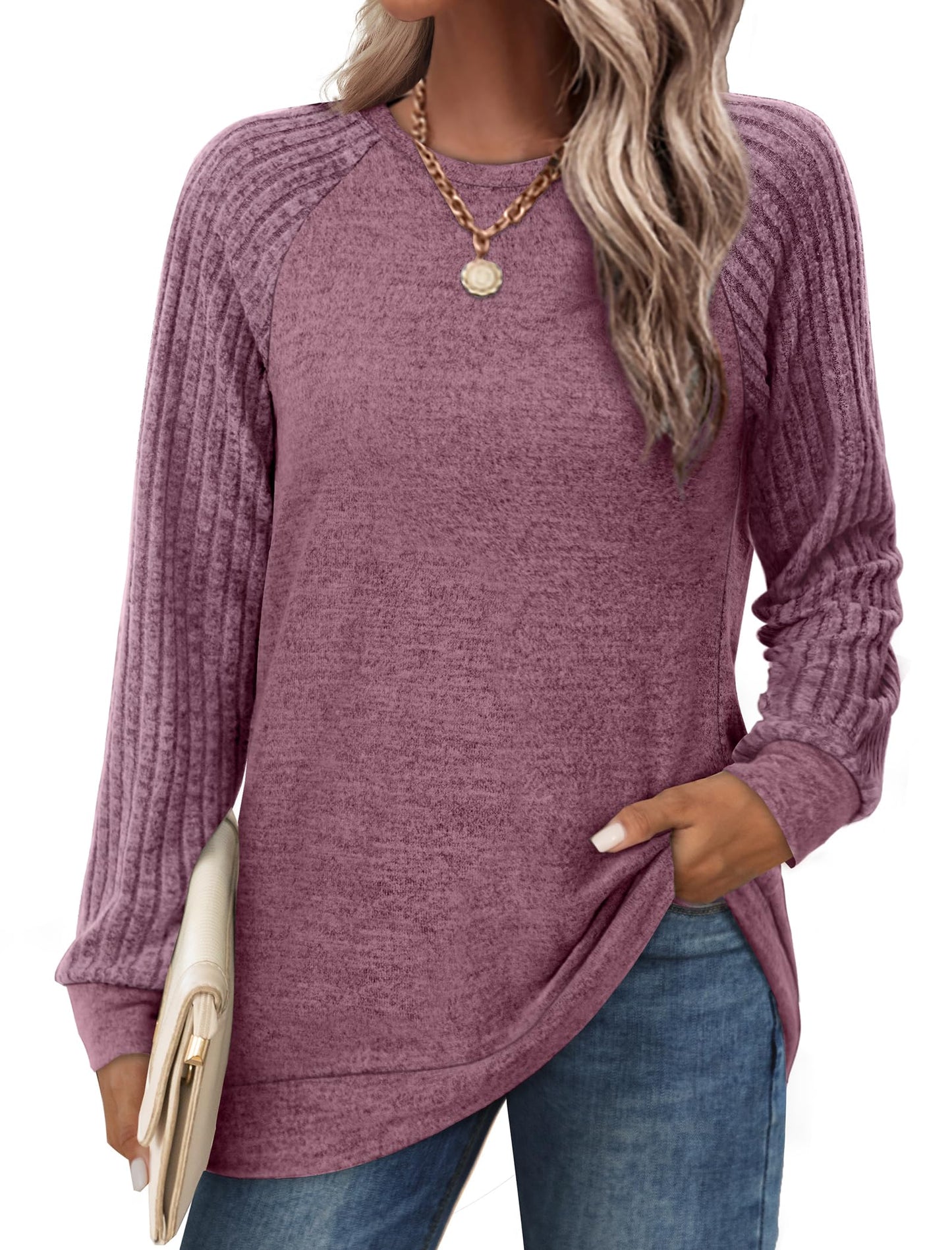 SWQZVT Sweatshirts for Women Crewneck Lightweight Soft Sweaters Raglan Long Sleeve Shirts Fall Fashion Tops Womens Clothes Color Block Casual Pullover Loose Tunic Winter