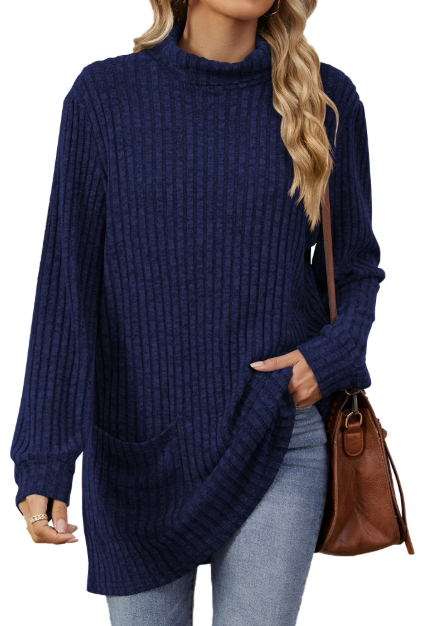 TEMOFON Womens Sweaters Long Sleeve Tunic Tops Casual Fall Turtleneck Soft Sweaters Comfy Shirts Loose Knit Pullover for Women Winter Clothes with Pocket
