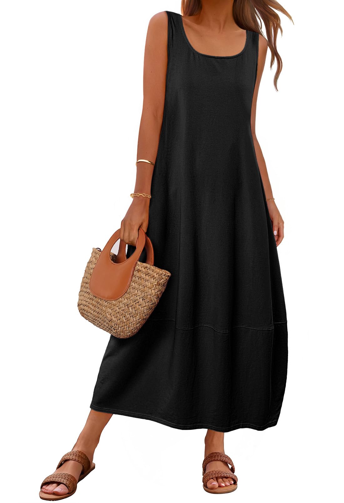 TEMOFON Womens Casual Maxi Sundress Summer Beach Dress Scoop Neck Sleeveless Loose Tank Dresses with Pockets