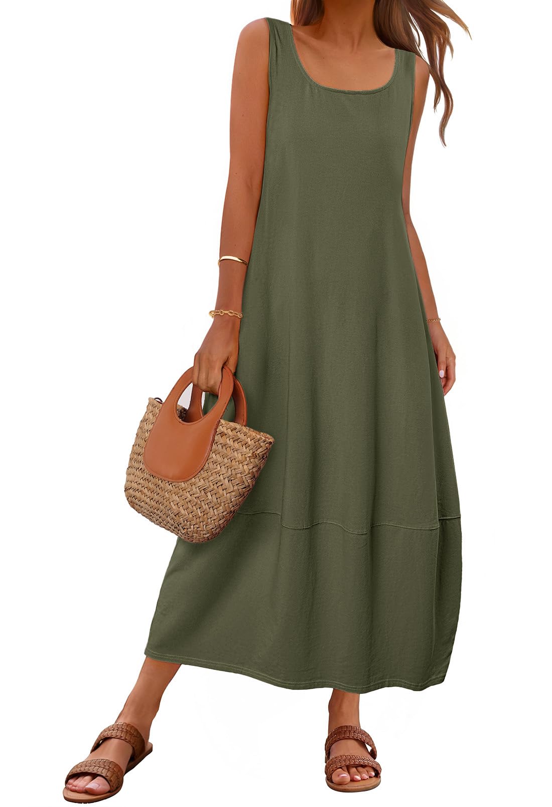 TEMOFON Womens Casual Maxi Sundress Summer Beach Dress Scoop Neck Sleeveless Loose Tank Dresses with Pockets