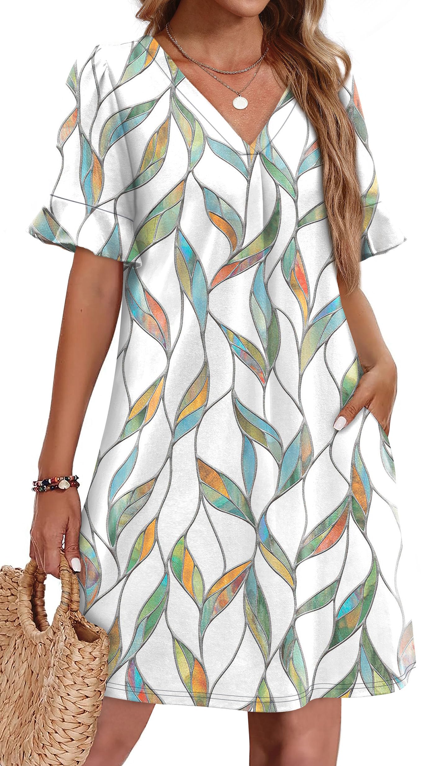 TEMOFON Summer Dresses for Women Ruffle Short Sleeve V Neck Casual T Shirts Dresses with Pockets Sundress