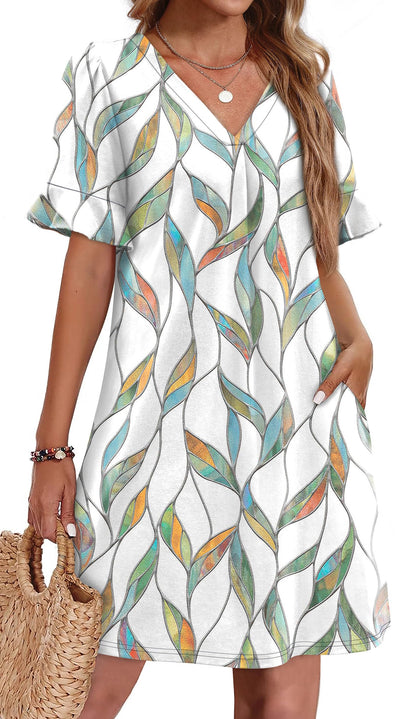 TEMOFON Summer Dresses for Women Ruffle Short Sleeve V Neck Casual T Shirts Dresses with Pockets Sundress