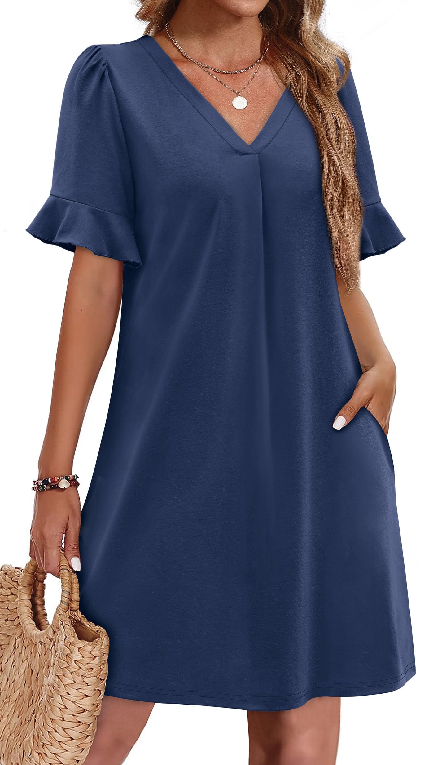 TEMOFON Summer Dresses for Women Ruffle Short Sleeve V Neck Casual T Shirts Dresses with Pockets Sundress