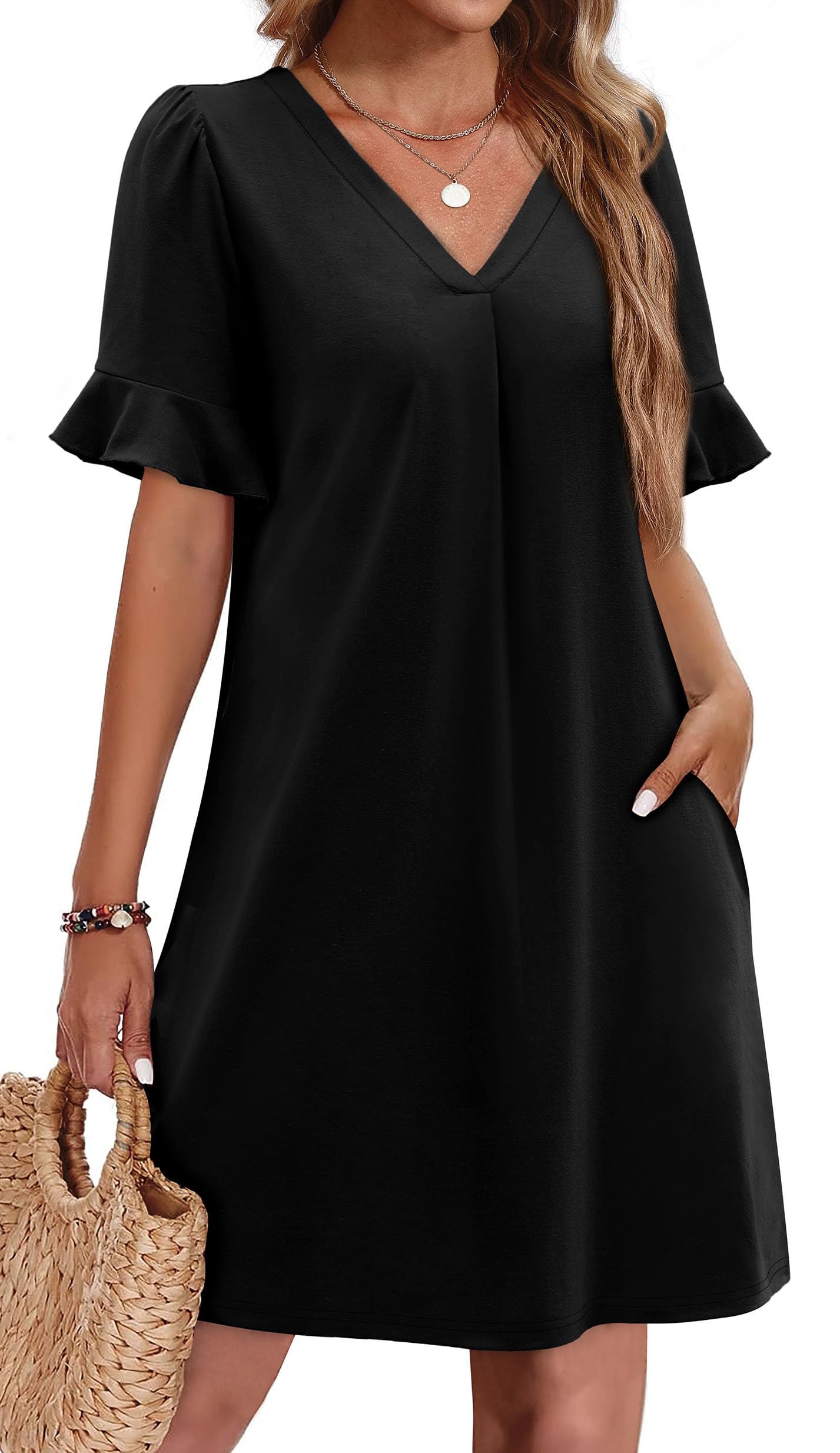 TEMOFON Summer Dresses for Women Ruffle Short Sleeve V Neck Casual T Shirts Dresses with Pockets Sundress