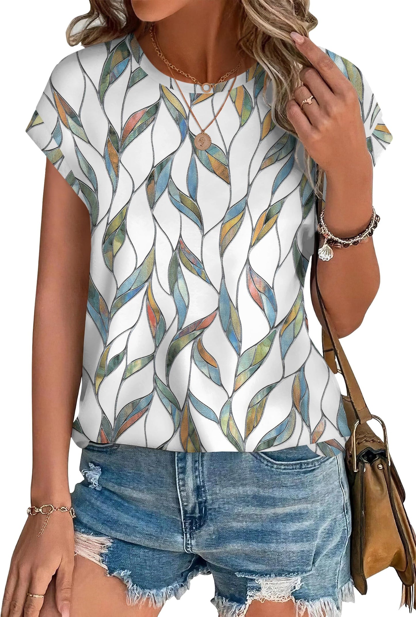 TEMOFON Womens Tops Short Sleeve Shirts Blouses for Women Summer Dressy Casual Cap Sleeve Tops with Curved Hem