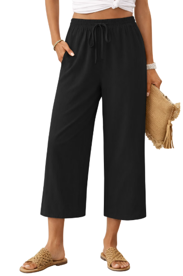 TEMOFON Linen Capri Pants Summer Wide Leg Pants for Women Casual Palazzo Khaki Womens Pant with Pocket