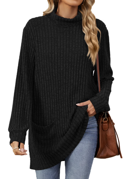 TEMOFON Womens Sweaters Long Sleeve Tunic Tops Casual Fall Turtleneck Soft Sweaters Comfy Shirts Loose Knit Pullover for Women Winter Clothes with Pocket
