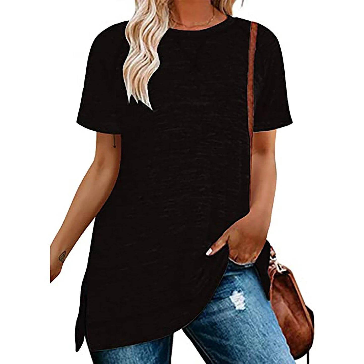 SHIBEVER Summer Short Sleeve T Shirts for Women Plus Size Casual Loose Side Split Tunic Tops Comfortable Crew Neck Tops