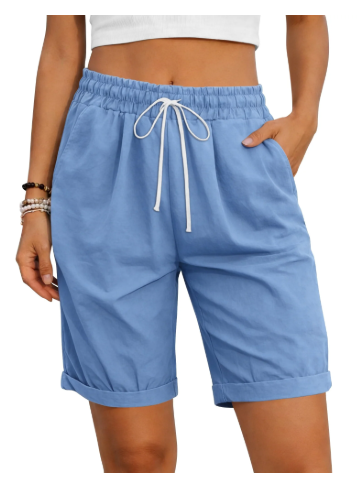 TEMOFON Womens Shorts Summer Casual Elastic Waist Drawstring Shorts with Pockets Knee Length Bermuda Shorts for Women