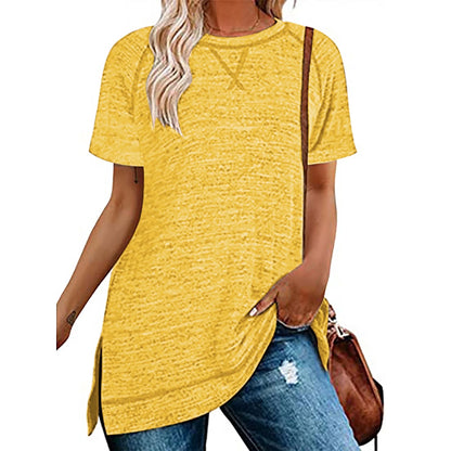 SHIBEVER Summer Short Sleeve T Shirts for Women Plus Size Casual Loose Side Split Tunic Tops Comfortable Crew Neck Tops