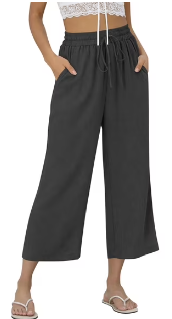 TEMOFON Pants for Women Summer Linen Pants with Pockets Casual Wide Leg Capri Pants Flowy Waisted Drawstring Pants