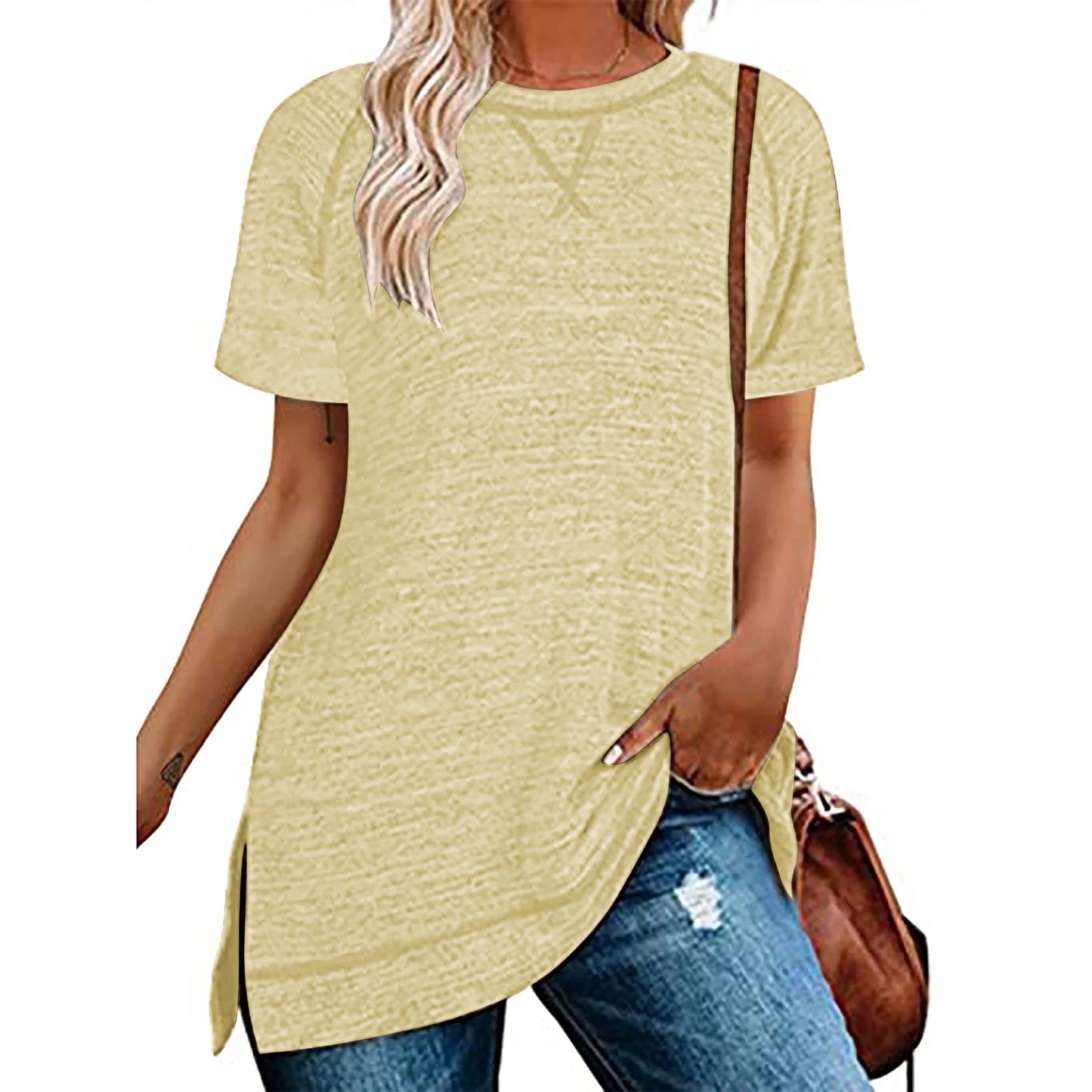 SHIBEVER Summer Short Sleeve T Shirts for Women Plus Size Casual Loose Side Split Tunic Tops Comfortable Crew Neck Tops