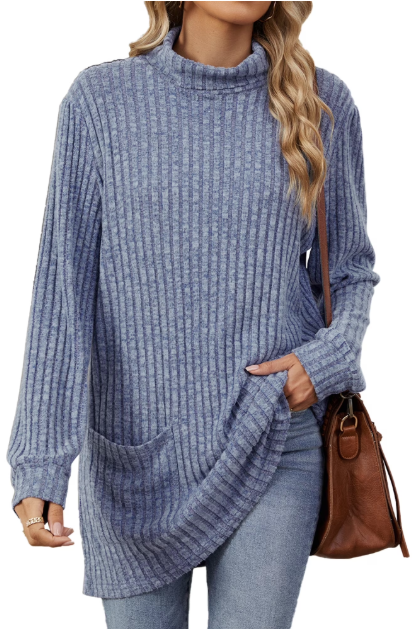 TEMOFON Womens Sweaters Long Sleeve Tunic Tops Casual Fall Turtleneck Soft Sweaters Comfy Shirts Loose Knit Pullover for Women Winter Clothes with Pocket