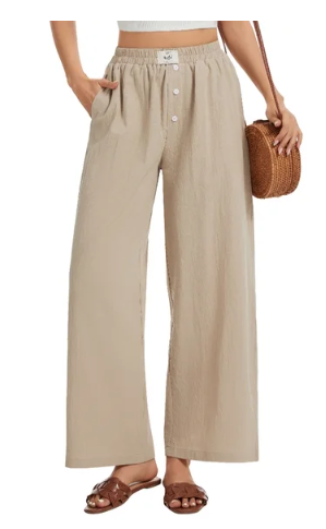 TEMOFON Linen Pants Women Wide Leg Casual Palazzo Pant Summer Baggy Flowy Vacation Pants with Pockets