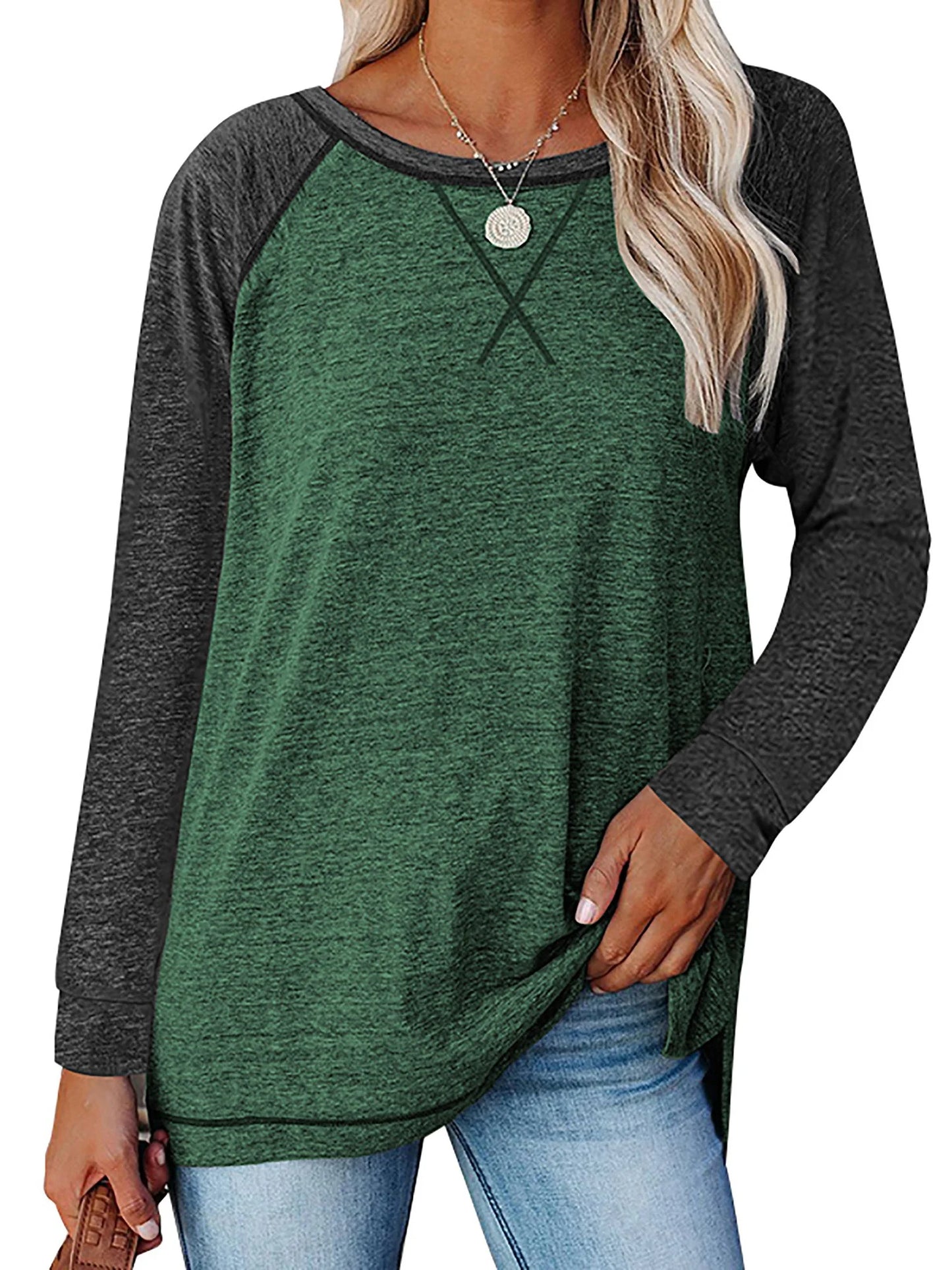 SHIBEVER Fall Fashion Color Blocked Tunics Tops For Women Long Sleeve Crew Neck Cross Split T Shirts Blouses Claretblock