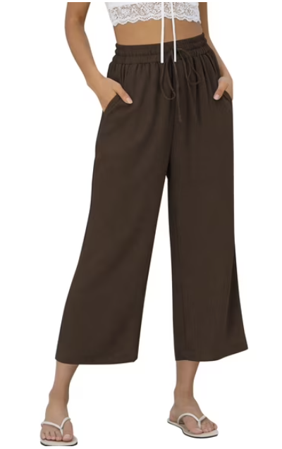 TEMOFON Pants for Women Summer Linen Pants with Pockets Casual Wide Leg Capri Pants Flowy Waisted Drawstring Pants