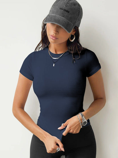 SHIBEVER Tops for Women Short Sleeve Summer Ribbed T Shirts Slim Fitted Basic Round Neck Shirts for Ladies Women Tee Blue