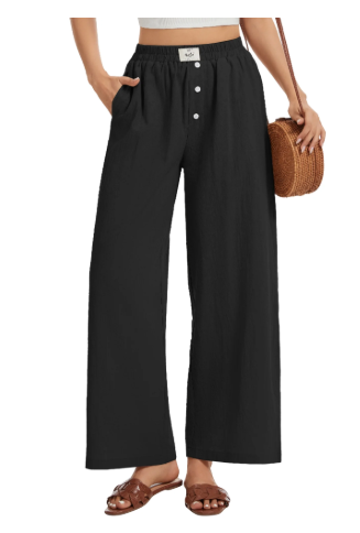TEMOFON Linen Pants Women Wide Leg Casual Palazzo Pant Summer Baggy Flowy Vacation Pants with Pockets