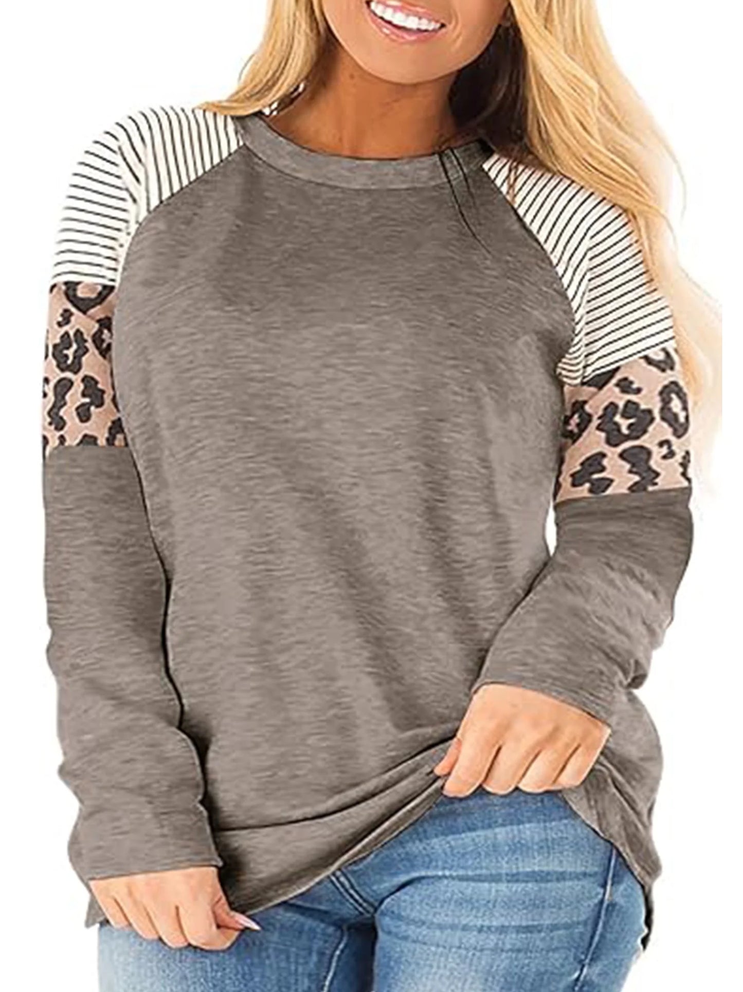 LANREMON Plus Size Top for Women Casual Round Neck Long Sleeev T Shirts Fashion Leopard Print Loose Tunic Black Tee Size Plus