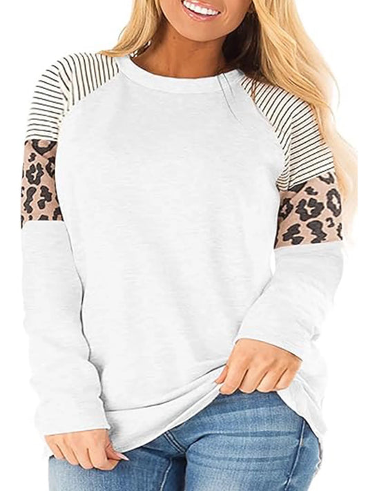 LANREMON Plus Size Top for Women Casual Round Neck Long Sleeev T Shirts Fashion Leopard Print Loose Tunic Black Tee Size Plus