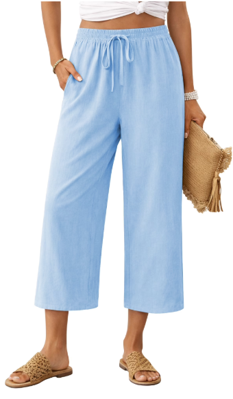 TEMOFON Linen Capri Pants Summer Wide Leg Pants for Women Casual Palazzo Khaki Womens Pant with Pocket