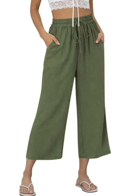TEMOFON Pants for Women Summer Linen Pants with Pockets Casual Wide Leg Capri Pants Flowy Waisted Drawstring Pants