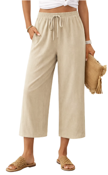 TEMOFON Linen Capri Pants Summer Wide Leg Pants for Women Casual Palazzo Khaki Womens Pant with Pocket