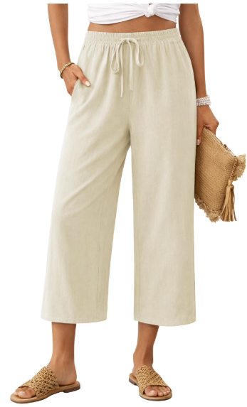TEMOFON Linen Capri Pants Summer Wide Leg Pants for Women Casual Palazzo Khaki Womens Pant with Pocket