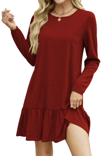 SHIBEVER Fall Dresses for Womens Casual Crew Neck Ruffle Hem Mini Dress Comfy Short Sleeve Loose Fit Solid Color Shirt Dress