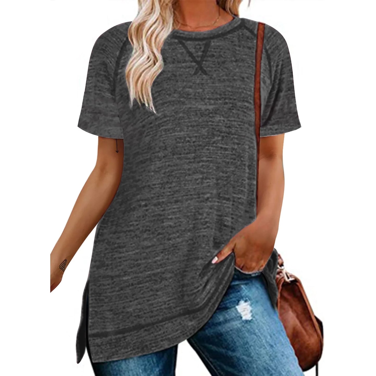 SHIBEVER Summer Short Sleeve T Shirts for Women Plus Size Casual Loose Side Split Tunic Tops Comfortable Crew Neck Tops
