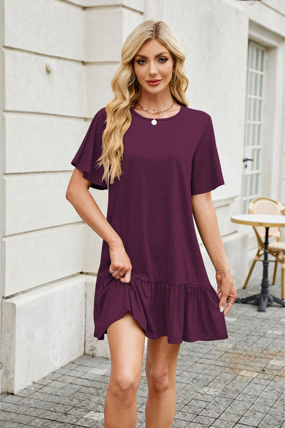 SHIBEVER Women Summer Dresses Casual Ruffle Hem Smock Mini Dress Comfy Short Sleeve Loose Fit Solid Color Shirt Dress