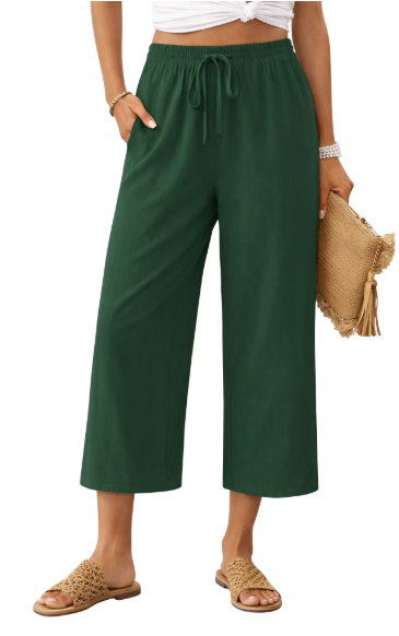 TEMOFON Linen Capri Pants Summer Wide Leg Pants for Women Casual Palazzo Khaki Womens Pant with Pocket