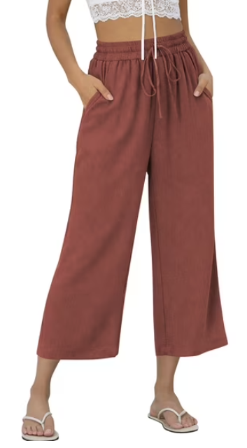 TEMOFON Pants for Women Summer Linen Pants with Pockets Casual Wide Leg Capri Pants Flowy Waisted Drawstring Pants
