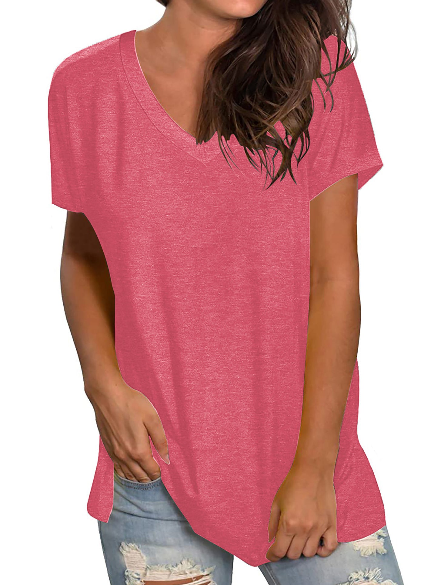 TEMOFON Shirts for Women Summer Short Sleeve Tunic Tops Casual V Neck Dressy T Shirt Comfy Loose Blouses