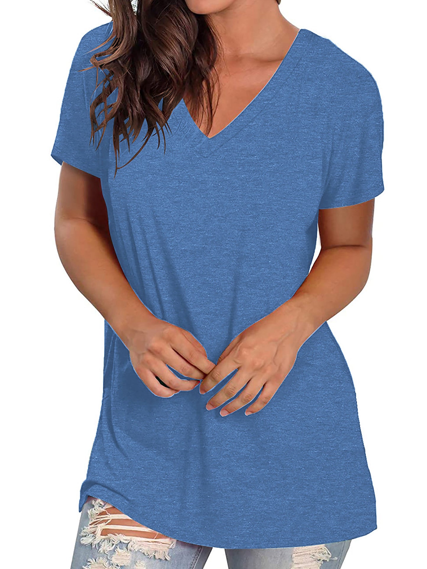 TEMOFON Shirts for Women Summer Short Sleeve Tunic Tops Casual V Neck Dressy T Shirt Comfy Loose Blouses